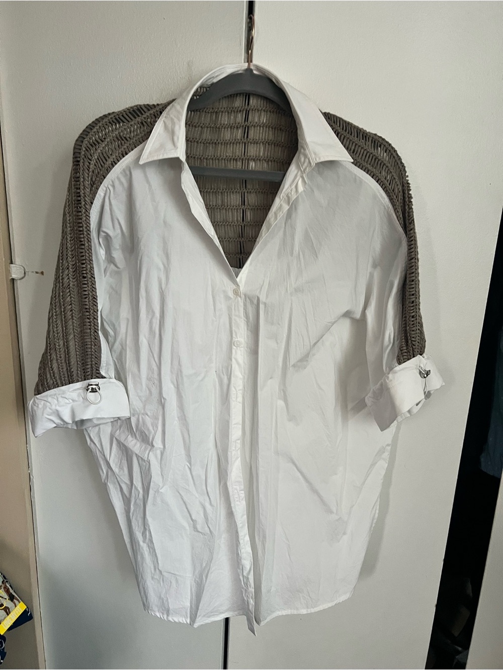 Woman’s White Button-Up Shirt with Rolled Cuffs Size L/XL
